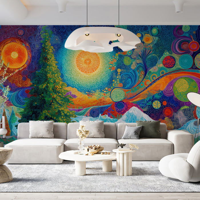 Psychedelic Cosmic Christmas Mural Wallpaper | Vibrant Colors, Sun Mandala, Abstract Landscape