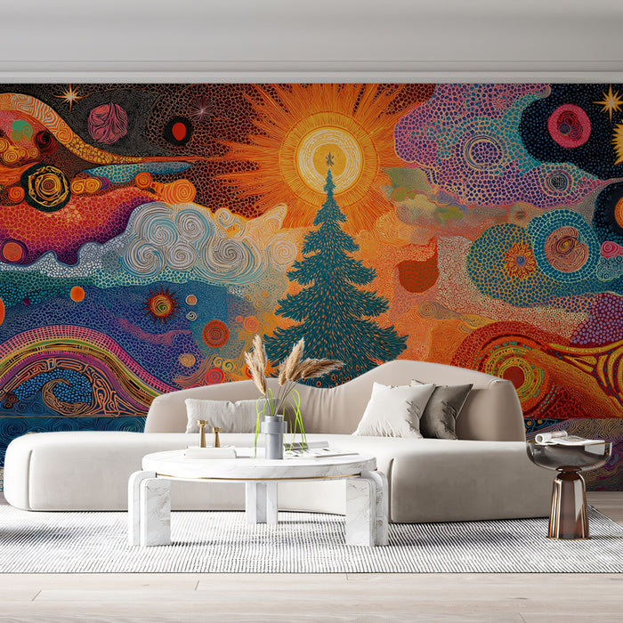 Abstract Swirl Christmas Tree and Sun Mural Wallpaper | Textured Cosmic Art, Orange and Teal Hues, High Contrast