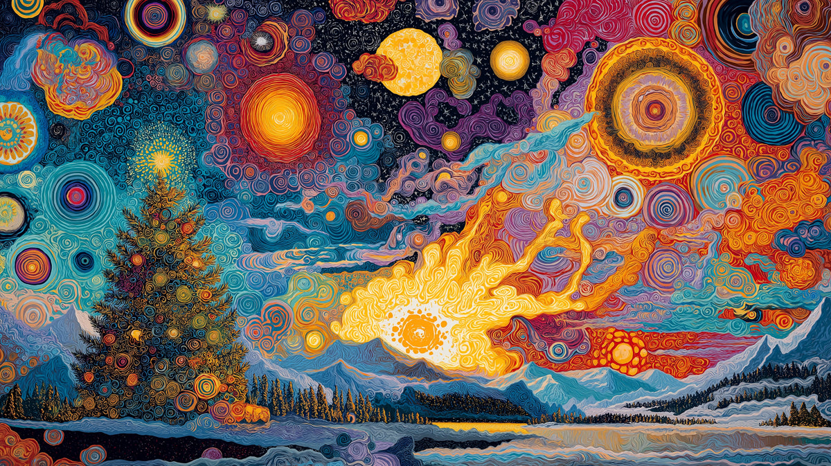 Swirling Cosmic Christmas Mural Wallpaper | Psychedelic Art, Orange and Blue Contrast, Starry Tree