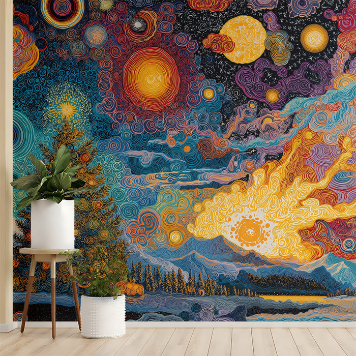 Swirling Cosmic Christmas Mural Wallpaper | Psychedelic Art, Orange and Blue Contrast, Starry Tree