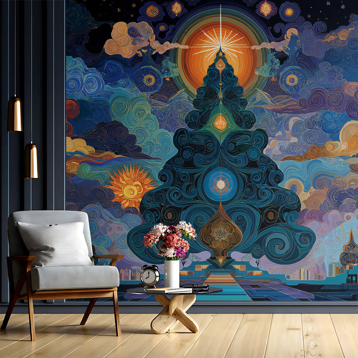Celestial Mandala Christmas Mural Wallpaper | Stylized Tree, Gold Accents, Deep Blue and Purple Mysticism