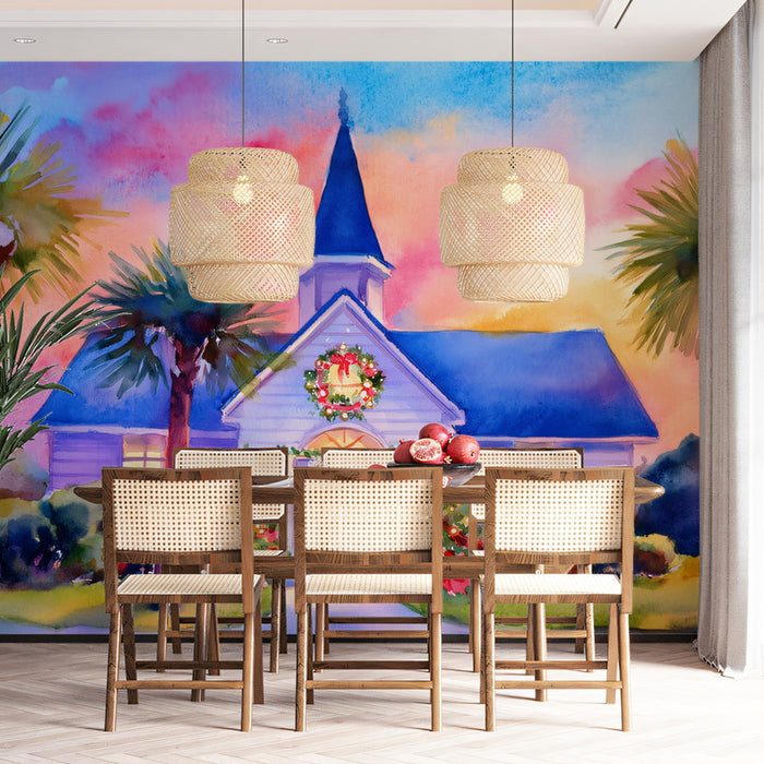 Tropical Christmas Church Watercolor Mural Wallpaper | Palm Trees, Pink/Orange Sky, Warm Coastal Vibe