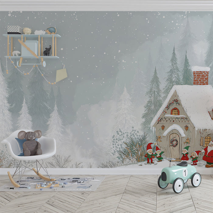 Snowy Cabin and Elves Illustration Mural Wallpaper | Forest Foreground, Mint Green Tones, Wide Vista