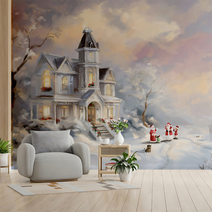 Impressionistic Snowy Victorian Mansion Mural Wallpaper | Soft Focus, Pastel Sky, Elegant Winter Scene