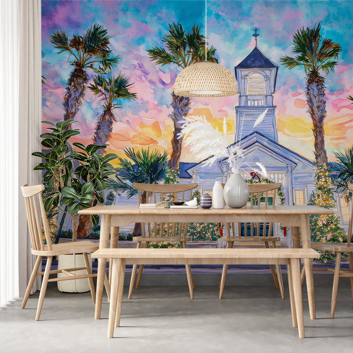 Tropical Coastal Church Watercolor Mural Wallpaper | Palm Trees and Christmas Lights, Sunset Palette, High Contrast