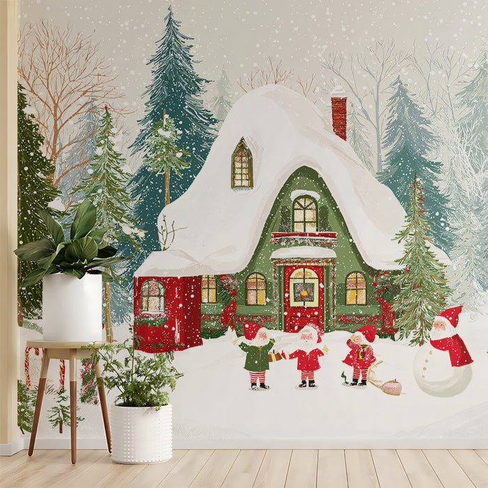 Cozy Forest Cottage Christmas Mural Wallpaper | Traditional Red and Green, Snow-Covered Trees, Cute Figures