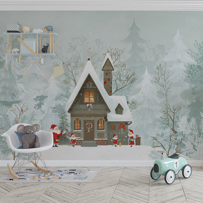 Muted Tonal Snowy Cabin Mural Wallpaper | Cool Greens and Grays, Subtle Figures, Peaceful Forest