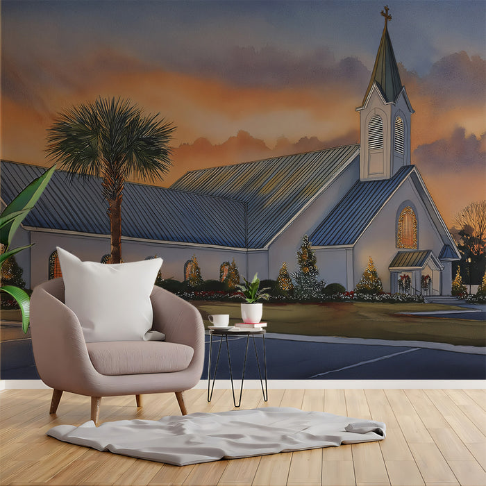 Coastal Church Sunset Watercolor Mural Wallpaper | Subtle Decoration, Warm Sky, Southern Christmas Theme