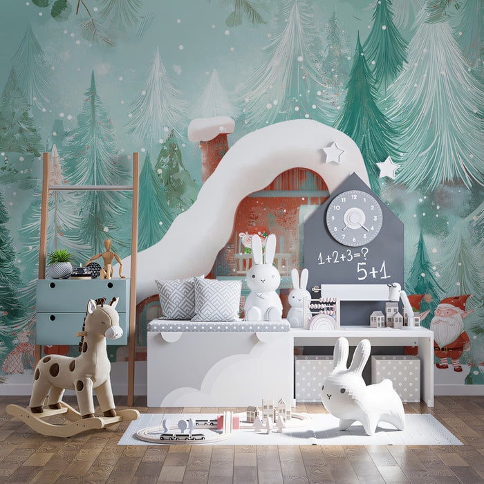 Whimsical Elf Cottage Winter Mural Wallpaper | Mint and Red Contrast, Fairy Tale Forest, Soft Illustration