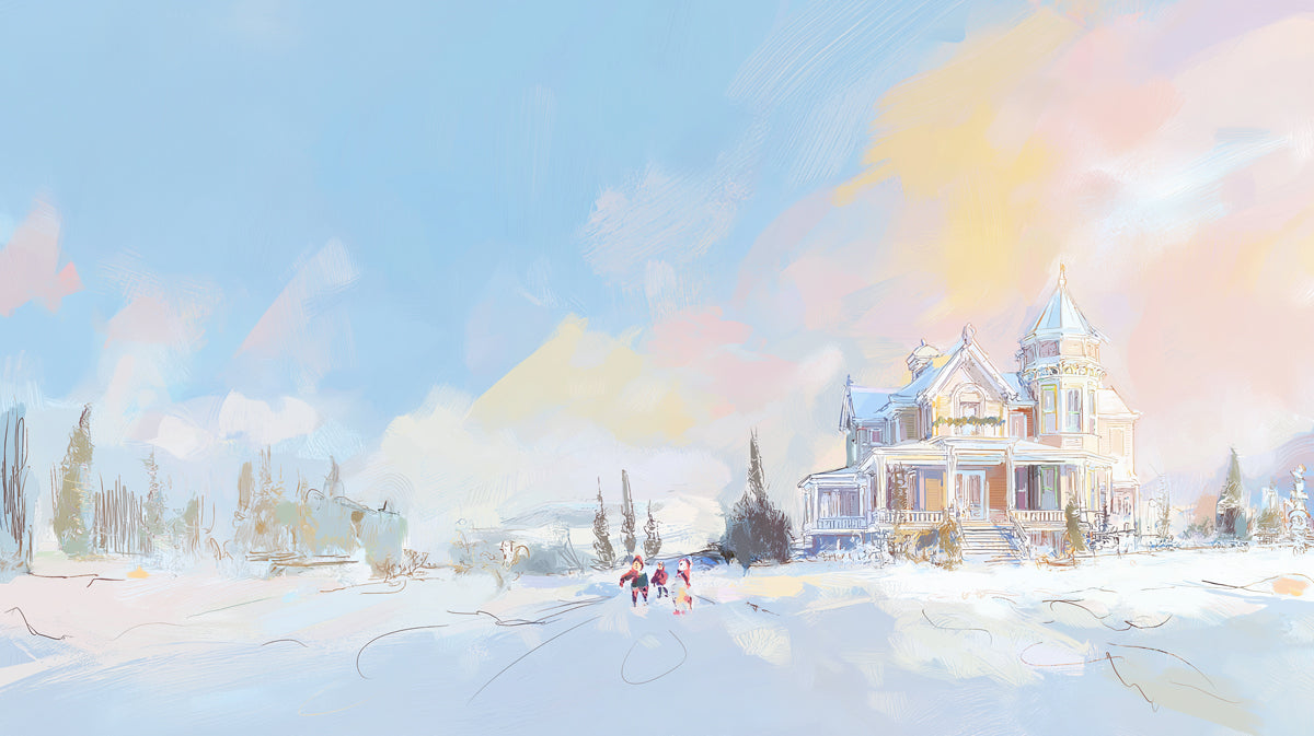 Impressionistic Snowy Mansion Landscape Mural Wallpaper | Pastel Sky, Soft Brushstrokes, Ethereal Winter