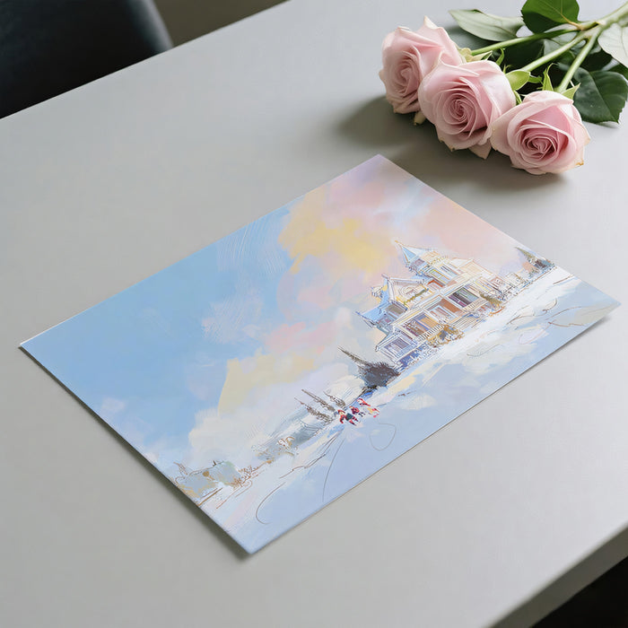 Impressionistic Snowy Mansion Landscape Mural Wallpaper | Pastel Sky, Soft Brushstrokes, Ethereal Winter
