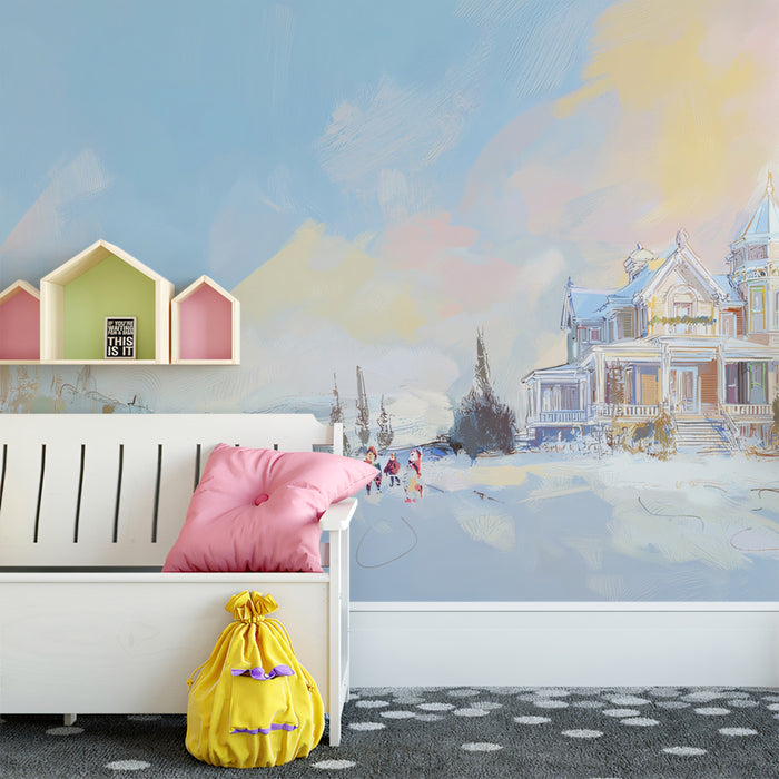 Impressionistic Snowy Mansion Landscape Mural Wallpaper | Pastel Sky, Soft Brushstrokes, Ethereal Winter