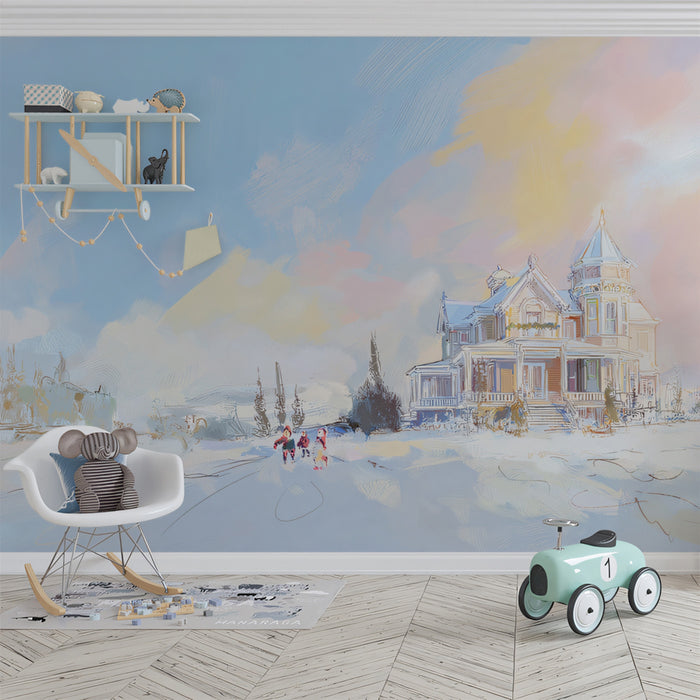 Impressionistic Snowy Mansion Landscape Mural Wallpaper | Pastel Sky, Soft Brushstrokes, Ethereal Winter