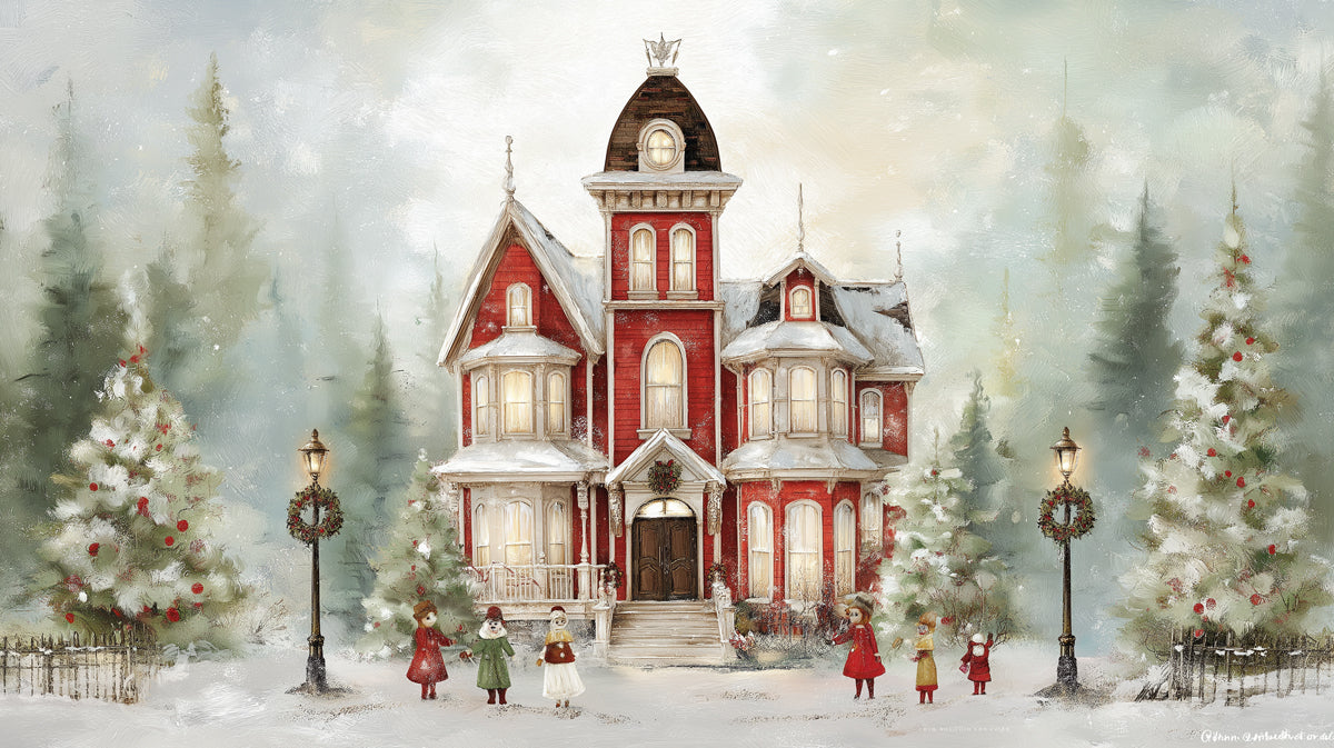 Red Victorian Mansion Oil Painting Mural Wallpaper | Traditional Christmas Colors, Cozy Glow, Detailed Art