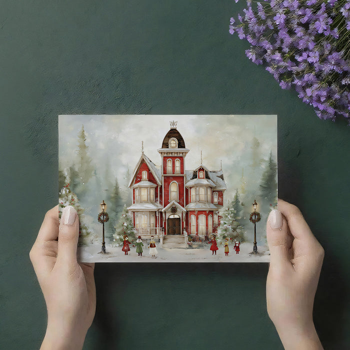 Red Victorian Mansion Oil Painting Mural Wallpaper | Traditional Christmas Colors, Cozy Glow, Detailed Art