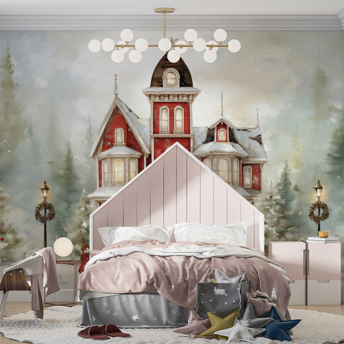 Red Victorian Mansion Oil Painting Mural Wallpaper | Traditional Christmas Colors, Cozy Glow, Detailed Art
