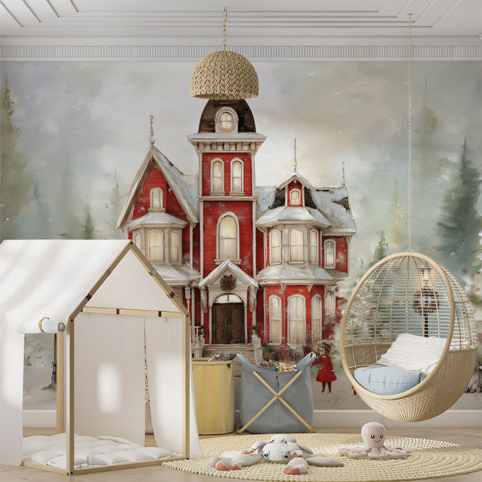 Red Victorian Mansion Oil Painting Mural Wallpaper | Traditional Christmas Colors, Cozy Glow, Detailed Art