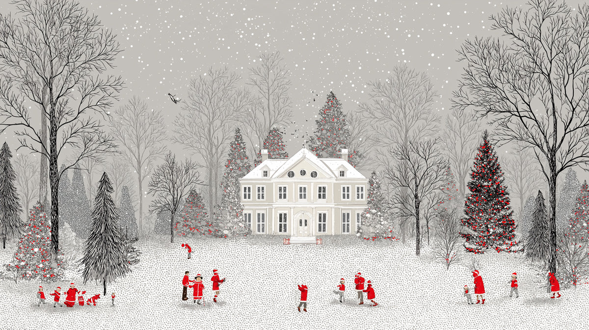 Grayscale Winter Mansion Mural Wallpaper | Monochromatic Forest, Red Figure Accents, Graphic Charm