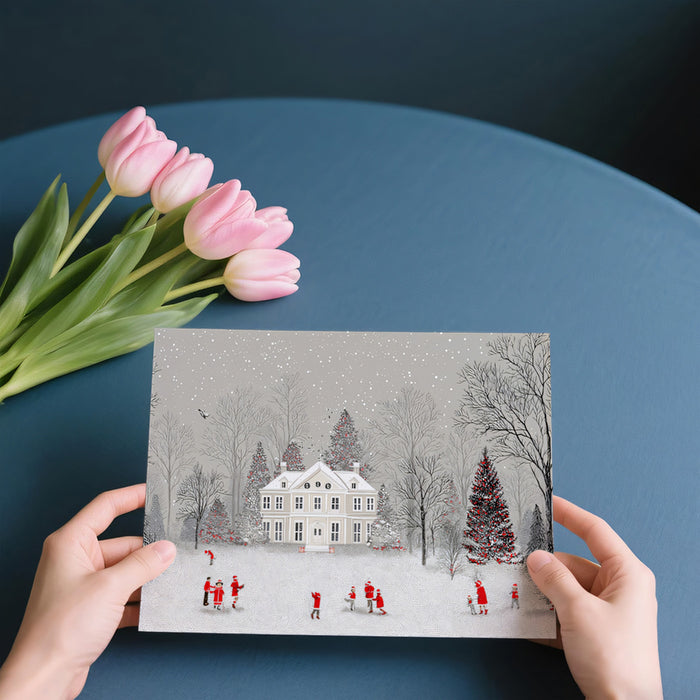 Grayscale Winter Mansion Mural Wallpaper | Monochromatic Forest, Red Figure Accents, Graphic Charm