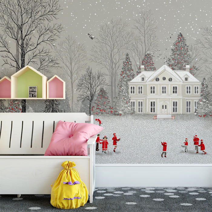 Grayscale Winter Mansion Mural Wallpaper | Monochromatic Forest, Red Figure Accents, Graphic Charm