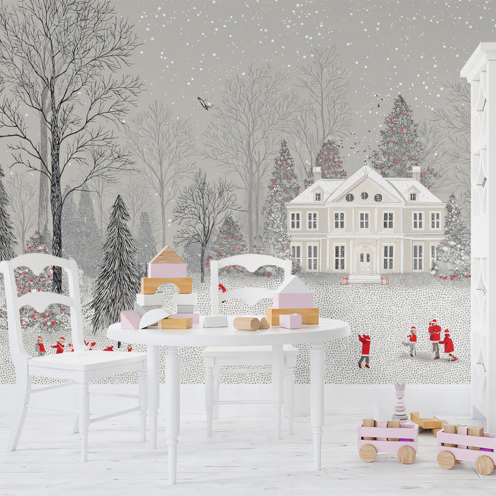Grayscale Winter Mansion Mural Wallpaper | Monochromatic Forest, Red Figure Accents, Graphic Charm