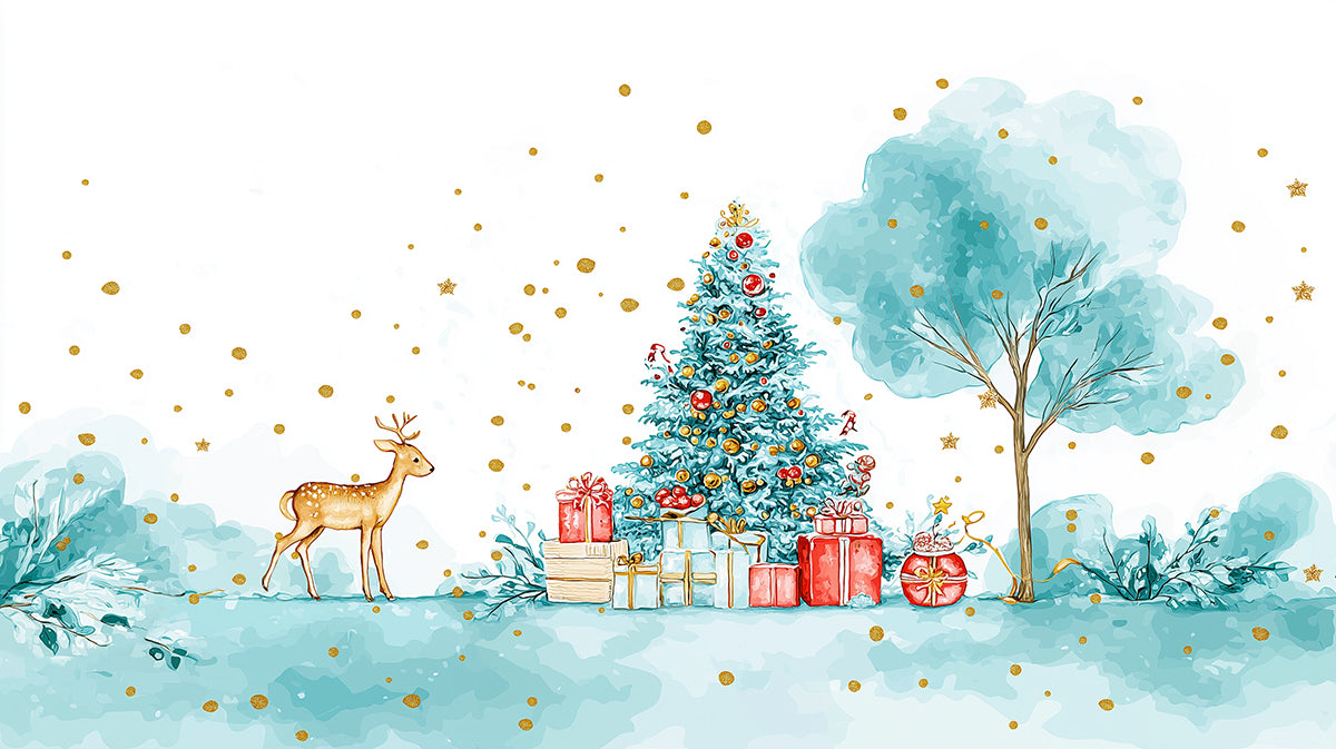 Turquoise Watercolor Christmas Scene Mural Wallpaper | Gold Splatter, Deer Motif, Airy and Artistic