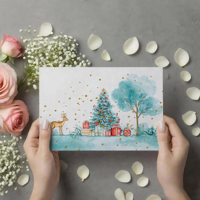 Turquoise Watercolor Christmas Scene Mural Wallpaper | Gold Splatter, Deer Motif, Airy and Artistic