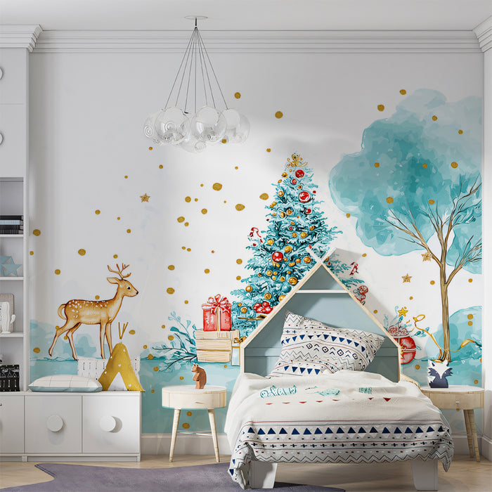 Turquoise Watercolor Christmas Scene Mural Wallpaper | Gold Splatter, Deer Motif, Airy and Artistic