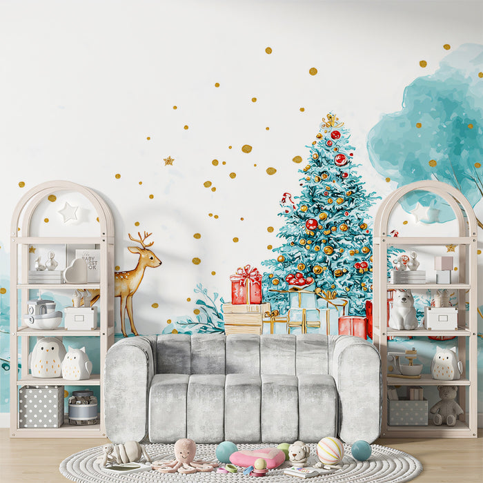 Turquoise Watercolor Christmas Scene Mural Wallpaper | Gold Splatter, Deer Motif, Airy and Artistic