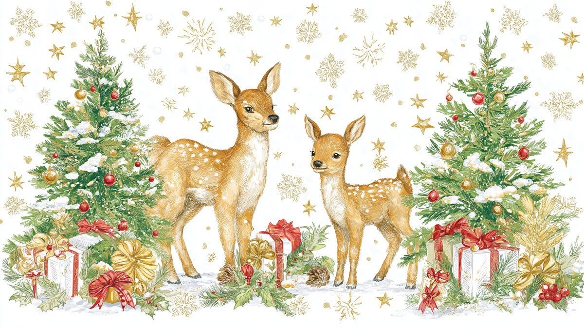 Classic Deer and Christmas Tree Illustration Mural Wallpaper | Traditional Colors, Detailed Art, Gold Accents