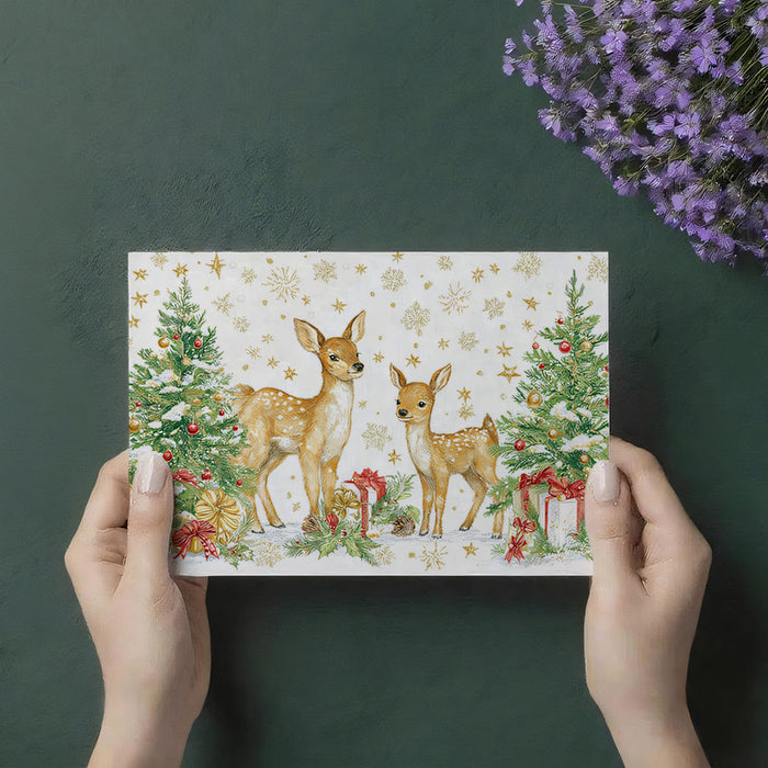 Classic Deer and Christmas Tree Illustration Mural Wallpaper | Traditional Colors, Detailed Art, Gold Accents