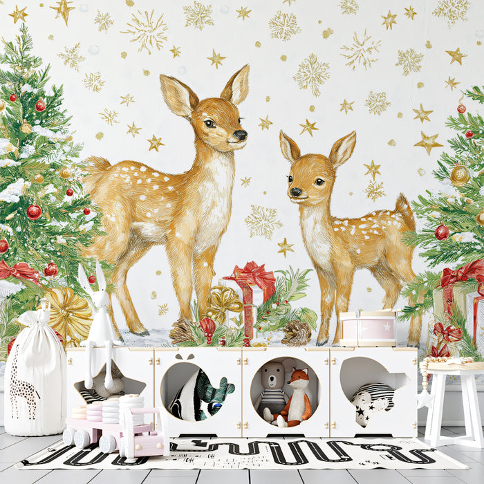 Classic Deer and Christmas Tree Illustration Mural Wallpaper | Traditional Colors, Detailed Art, Gold Accents