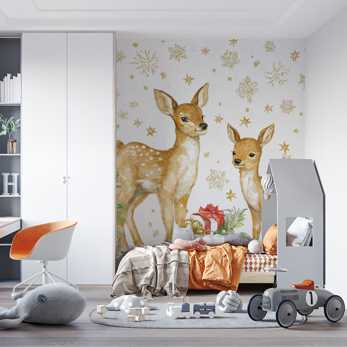 Classic Deer and Christmas Tree Illustration Mural Wallpaper | Traditional Colors, Detailed Art, Gold Accents