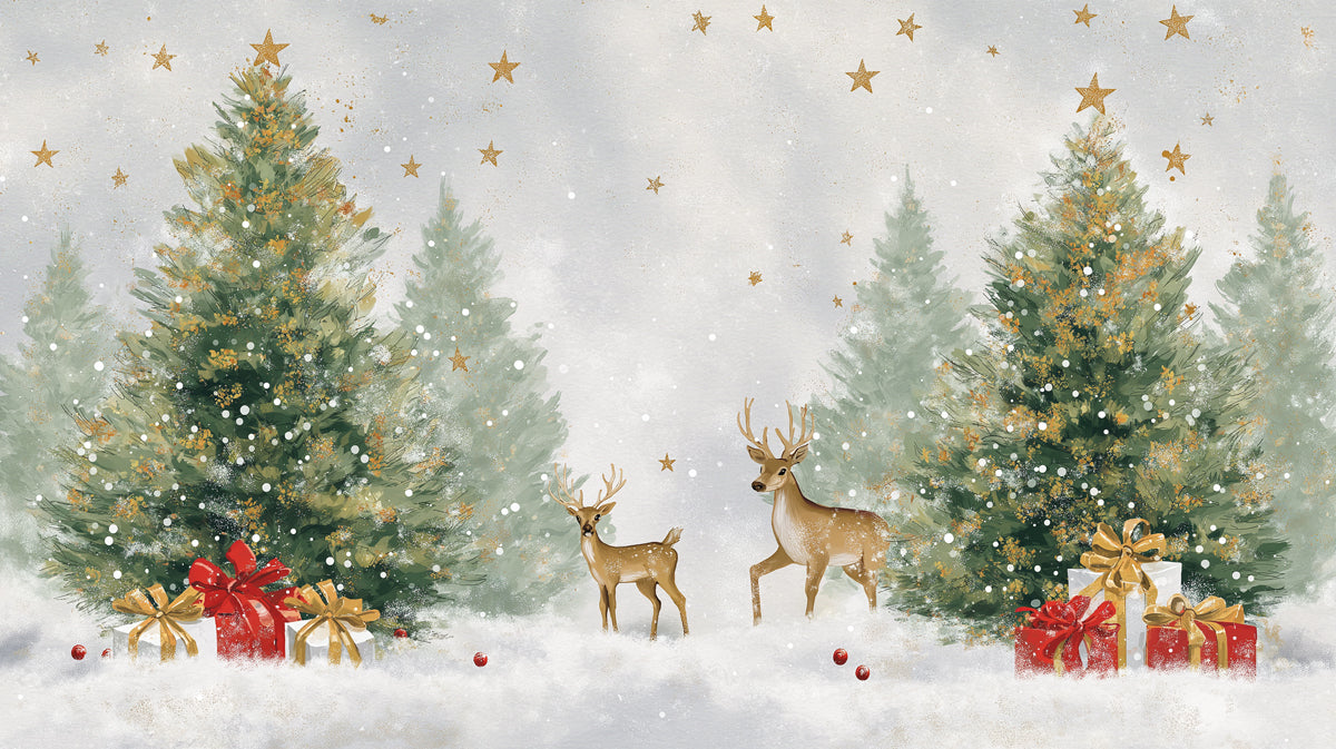 Forest Deer and Gift Christmas Mural Wallpaper | Warm Lighting, Green and Gold Palette, Rustic Elegance