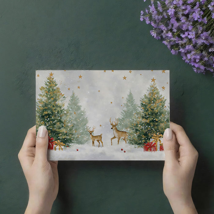 Forest Deer and Gift Christmas Mural Wallpaper | Warm Lighting, Green and Gold Palette, Rustic Elegance