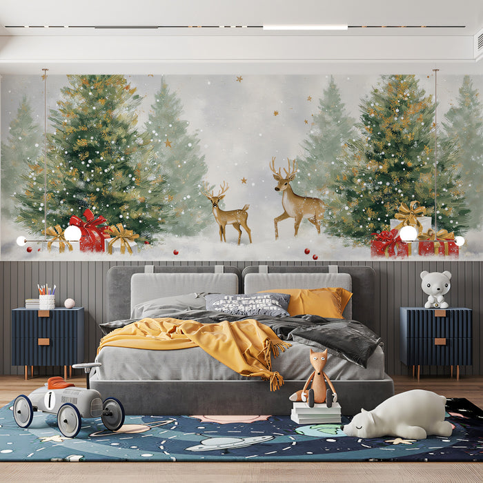 Forest Deer and Gift Christmas Mural Wallpaper | Warm Lighting, Green and Gold Palette, Rustic Elegance