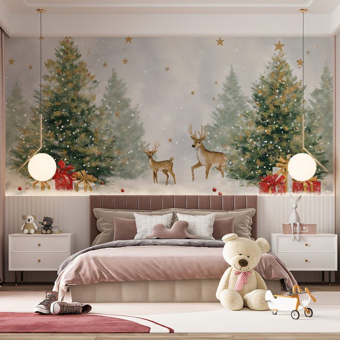 Forest Deer and Gift Christmas Mural Wallpaper | Warm Lighting, Green and Gold Palette, Rustic Elegance