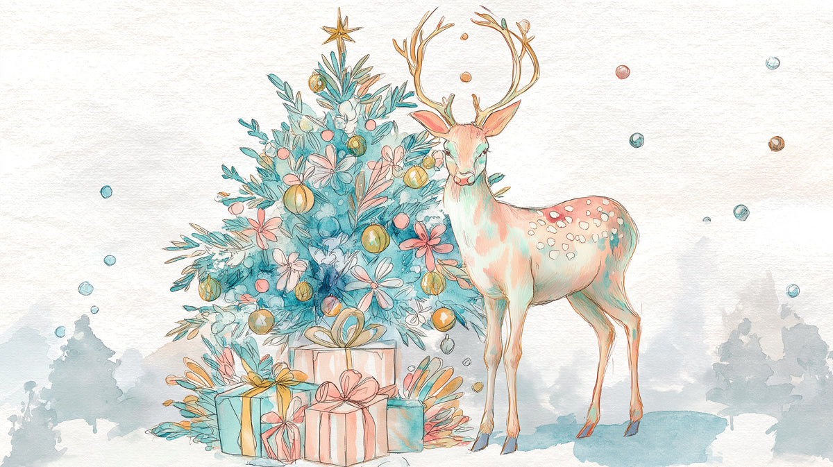 Pastel Deer and Gifts Watercolor Mural Wallpaper | Soft Focus, Pink and Teal Hues, Whimsical Art