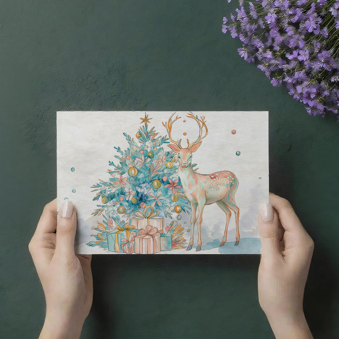 Pastel Deer and Gifts Watercolor Mural Wallpaper | Soft Focus, Pink and Teal Hues, Whimsical Art