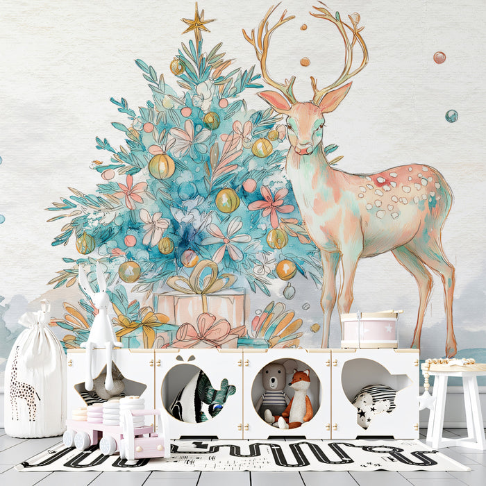 Pastel Deer and Gifts Watercolor Mural Wallpaper | Soft Focus, Pink and Teal Hues, Whimsical Art