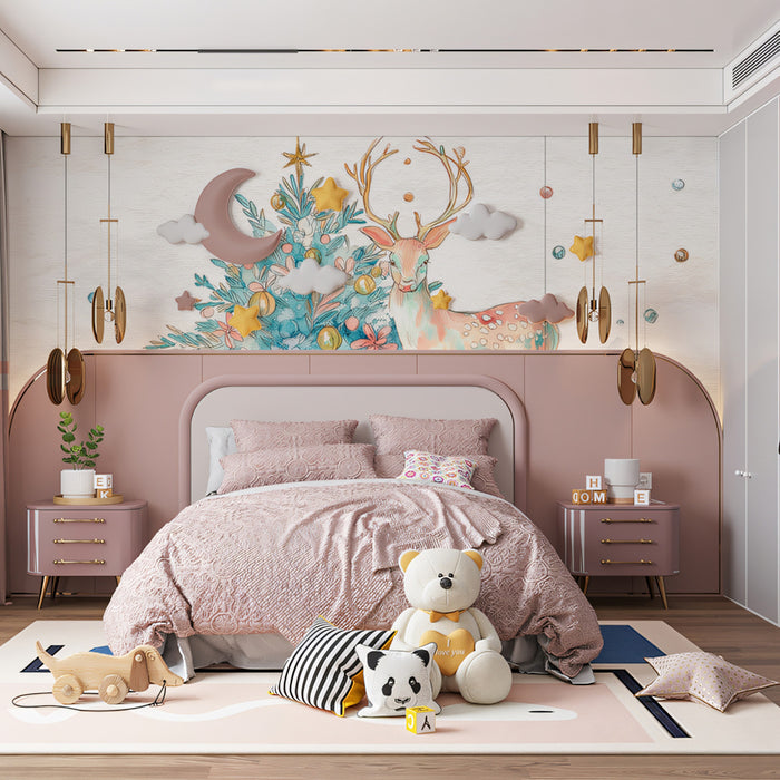Pastel Deer and Gifts Watercolor Mural Wallpaper | Soft Focus, Pink and Teal Hues, Whimsical Art