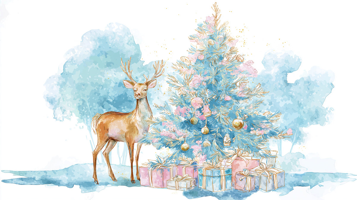 Blue and Pink Watercolor Christmas Mural Wallpaper | Stylized Deer, Pastel Palette, Clean Modern Art