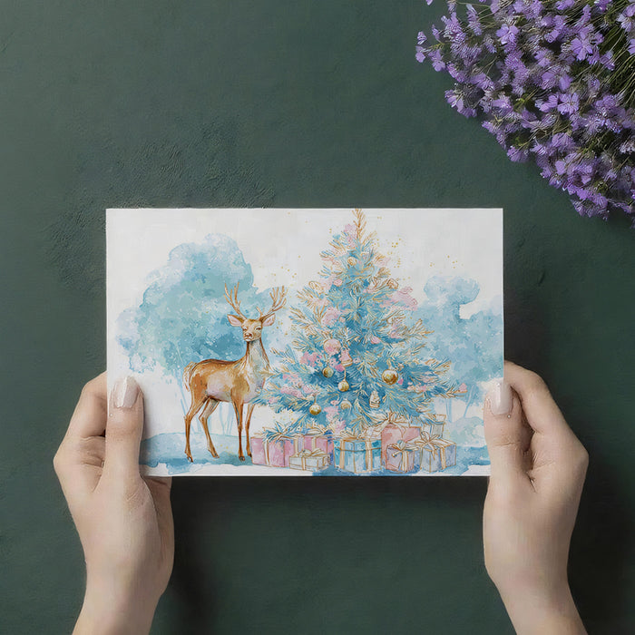 Blue and Pink Watercolor Christmas Mural Wallpaper | Stylized Deer, Pastel Palette, Clean Modern Art