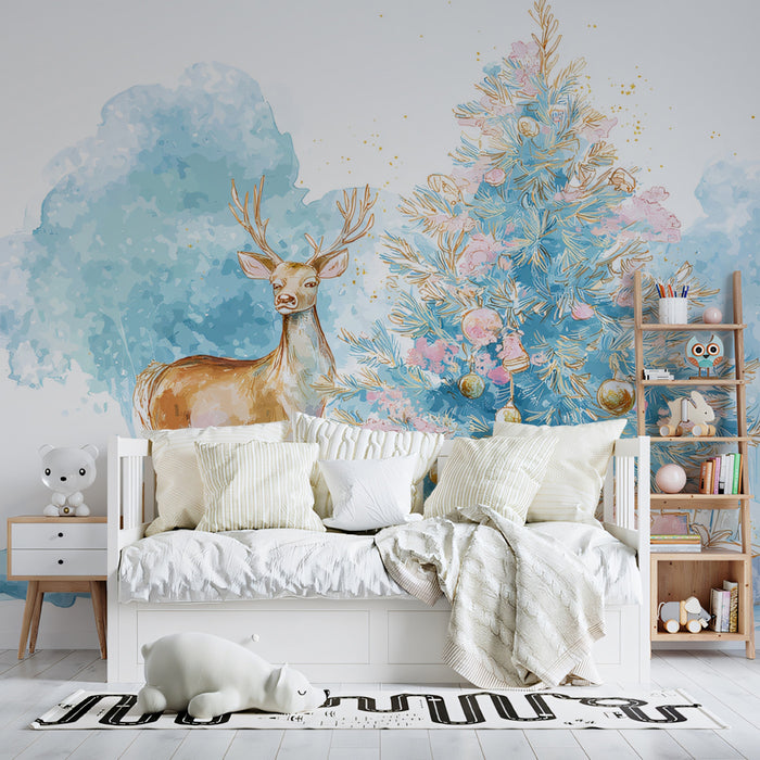 Blue and Pink Watercolor Christmas Mural Wallpaper | Stylized Deer, Pastel Palette, Clean Modern Art