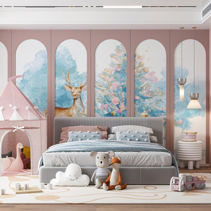Blue and Pink Watercolor Christmas Mural Wallpaper | Stylized Deer, Pastel Palette, Clean Modern Art