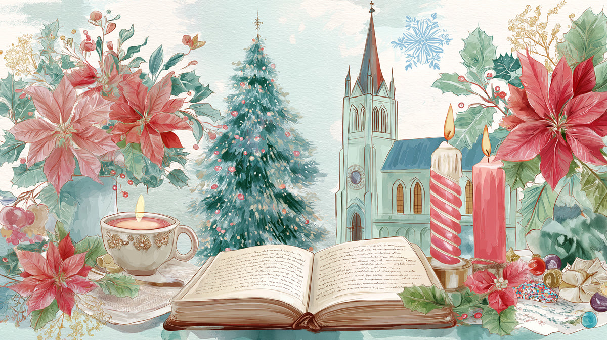 Classic Christmas Floral and Book Mural Wallpaper | Watercolor Poinsettias, Cozy Reading Scene, Nostalgic