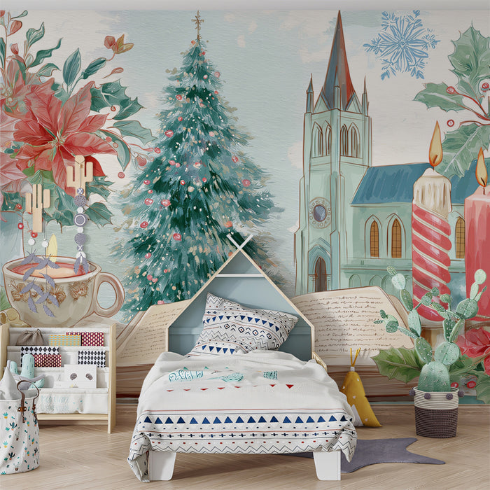 Classic Christmas Floral and Book Mural Wallpaper | Watercolor Poinsettias, Cozy Reading Scene, Nostalgic