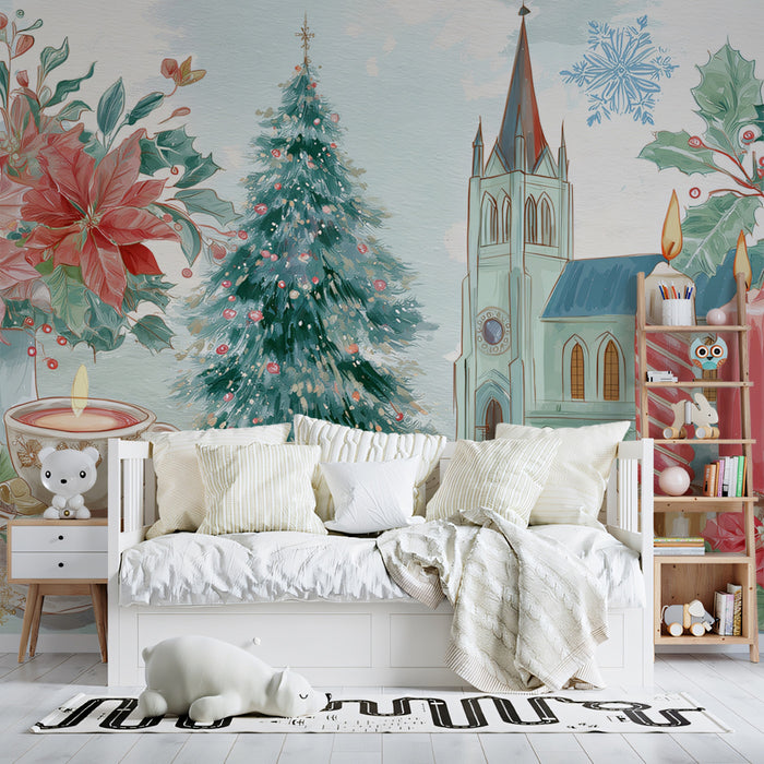 Classic Christmas Floral and Book Mural Wallpaper | Watercolor Poinsettias, Cozy Reading Scene, Nostalgic