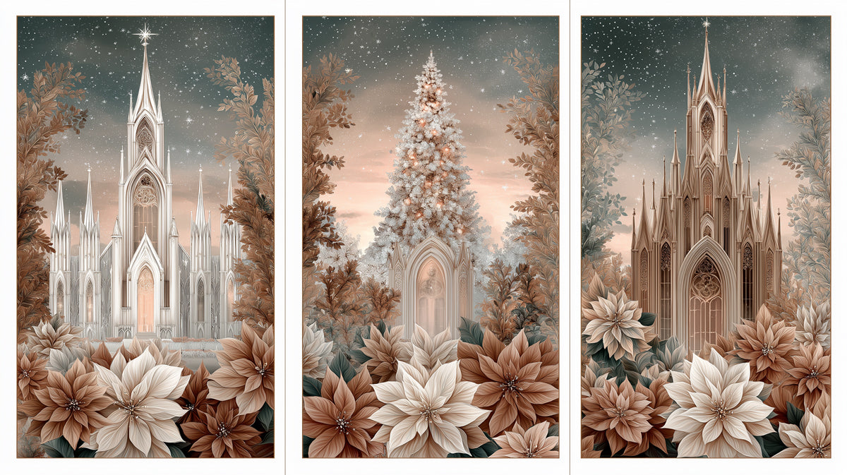 Gothic Cathedral Poinsettia Triptych Mural Wallpaper | Sepia and Cream Palette, Elegant Christmas Art