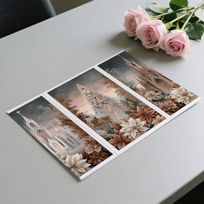 Gothic Cathedral Poinsettia Triptych Mural Wallpaper | Sepia and Cream Palette, Elegant Christmas Art